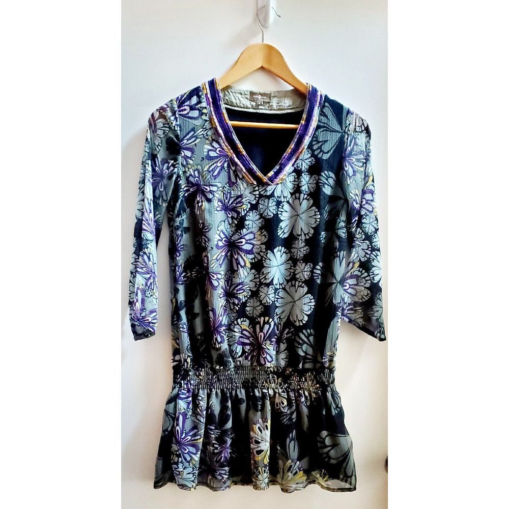 SURKANA Blouse Boho Drop Waist SZ SM V-Neck Embroidered Details Blk/Grn/Prpl
